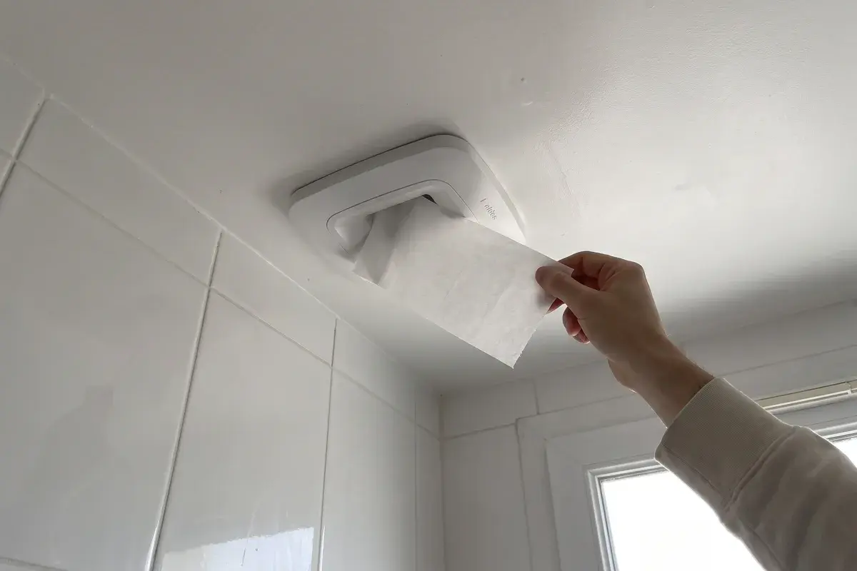 Une main tient une feuille de papier toilette plaquée par l’aspiration contre une bouche d’extraction hygroréglable Aldes BDH, au plafond d’une salle de bains.
