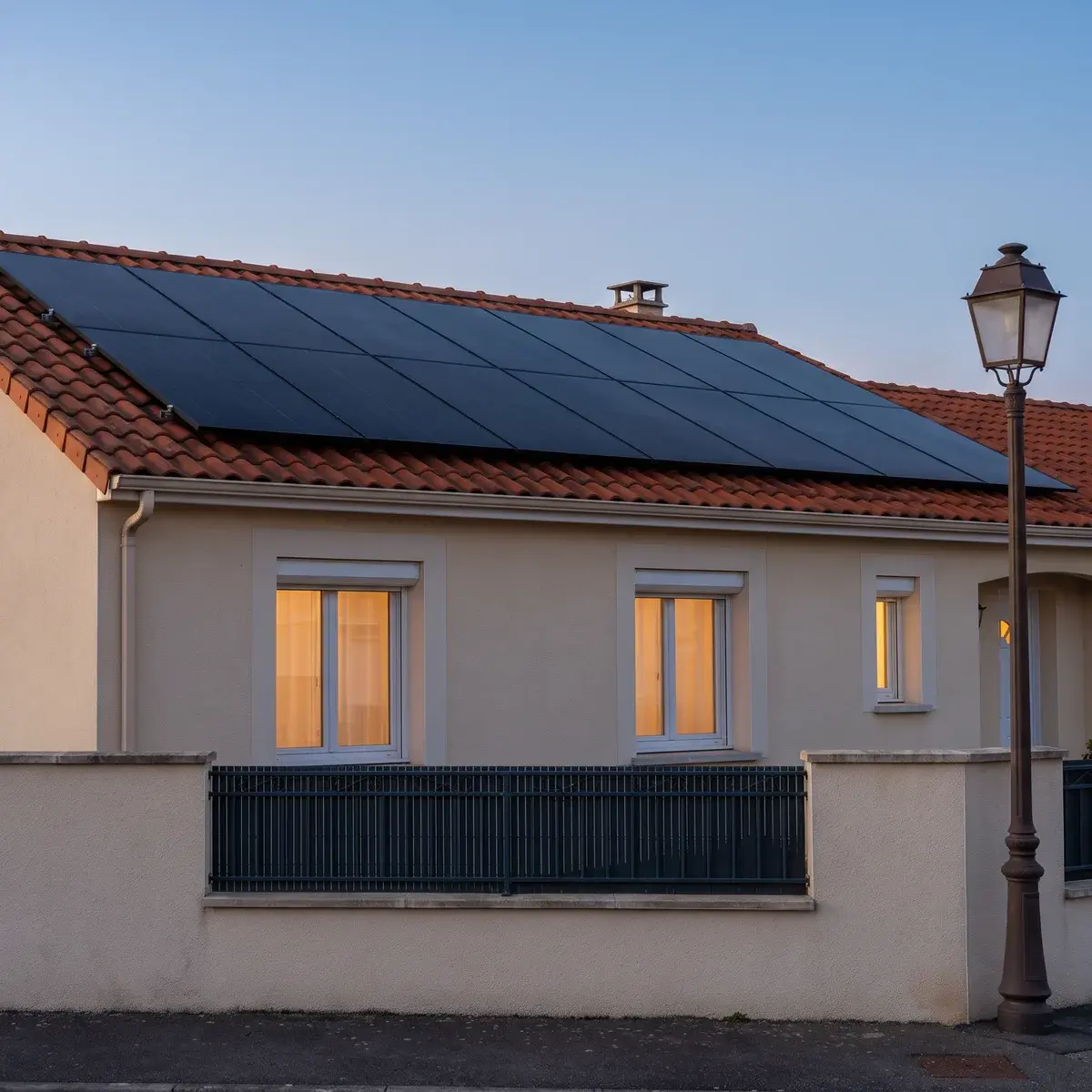 Pavillon au crépuscule, fenêtres éclairées, avec des modules LONGi Hi-MO X10 noirs sur la toiture.