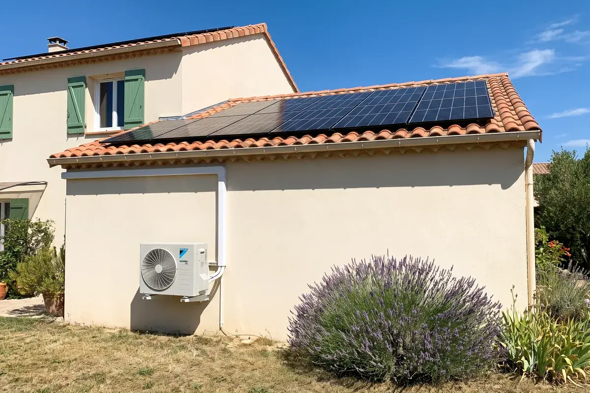 Unité extérieure Daikin RXJ-A sur console au pied d’un pavillon du Sud dont le toit porte des panneaux photovoltaïques, un après-midi d’été.