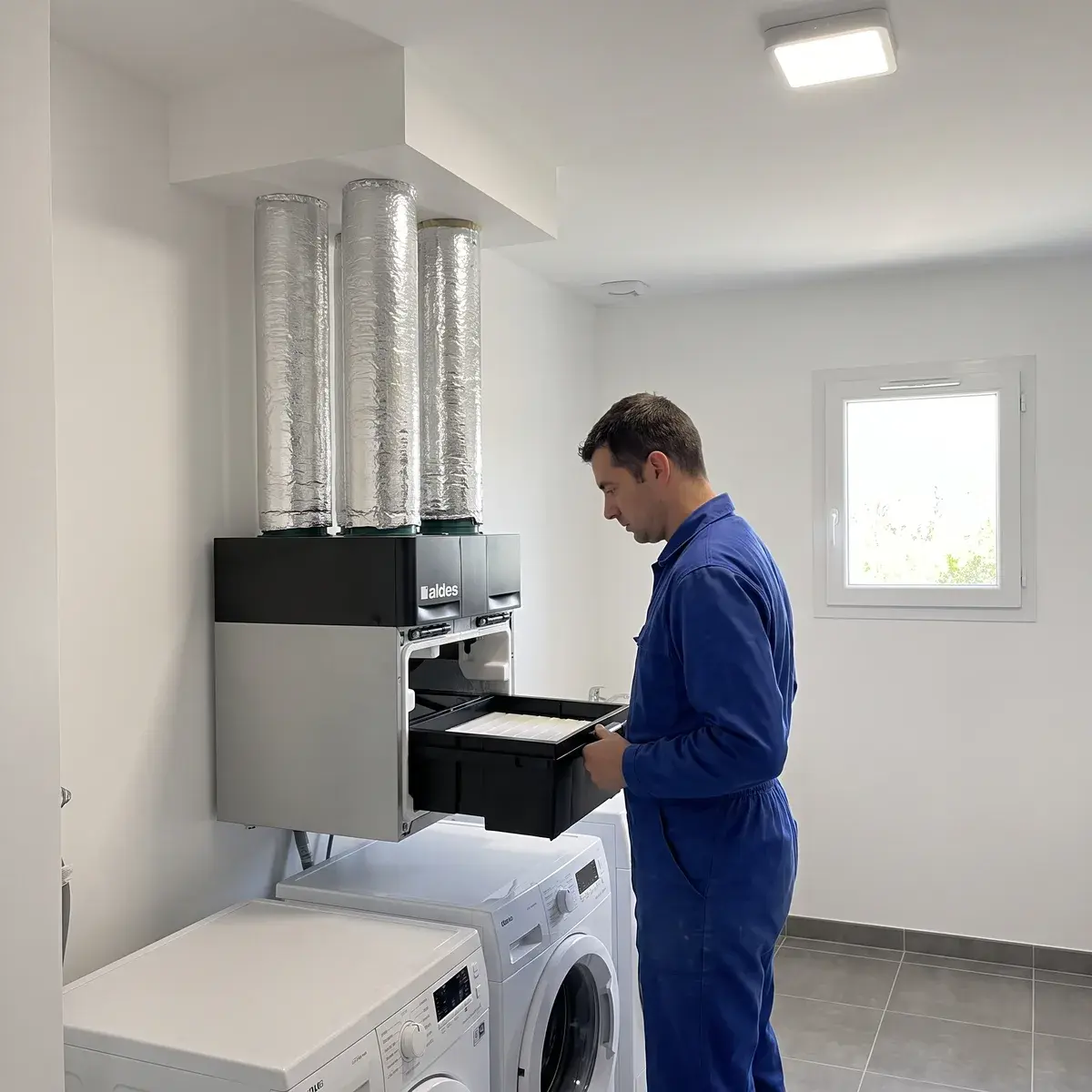 Un technicien sort le tiroir à filtre d’une centrale double flux Aldes Dee Fly Cube fixée au mur d’une buanderie, ses gaines isolées montant dans un coffrage.