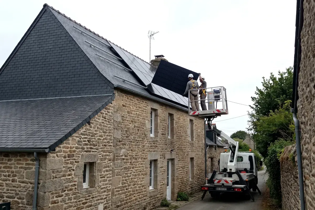 Une nacelle hisse deux installateurs et des modules AIKO NEOSTAR vers la toiture en ardoise très pentue d’une maison en pierre bretonne.