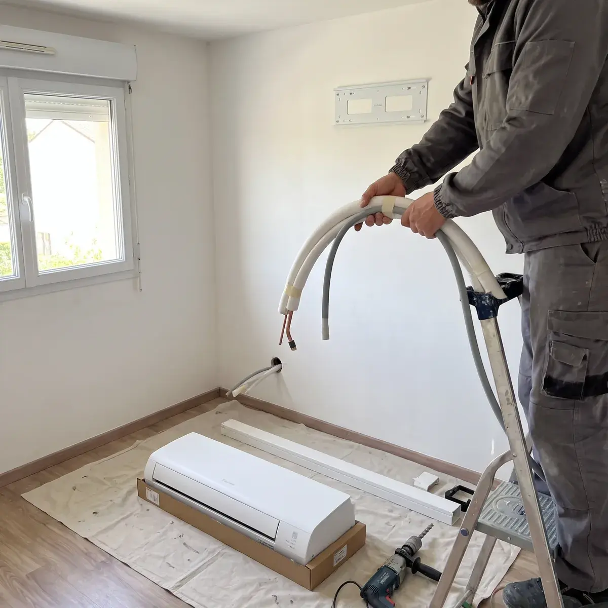 Un installateur tient les liaisons frigorifiques d’une clim réversible devant la platine murale, l’unité intérieure Daikin Perfera encore posée sur son carton.