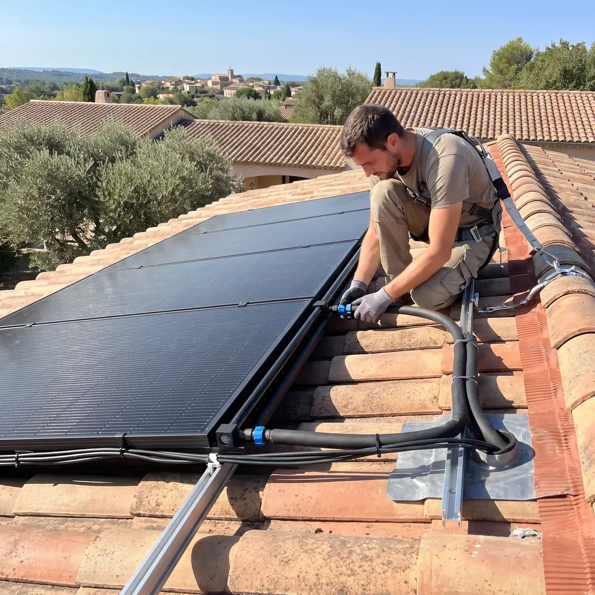 Un installateur raccorde les flexibles hydrauliques entre deux panneaux hybrides DualSun SPRING sur un toit provençal