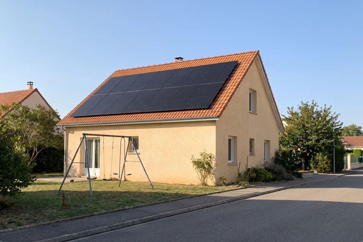 Maison à étage d’environ 150 m² dont le pan sud porte des modules Voltec Solar TARKA, une partie de la toiture restant libre.