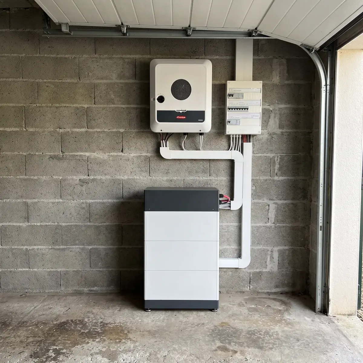 Batterie BYD Battery-Box Premium HVS et onduleur hybride Fronius Primo GEN24 Plus installés dans un garage.