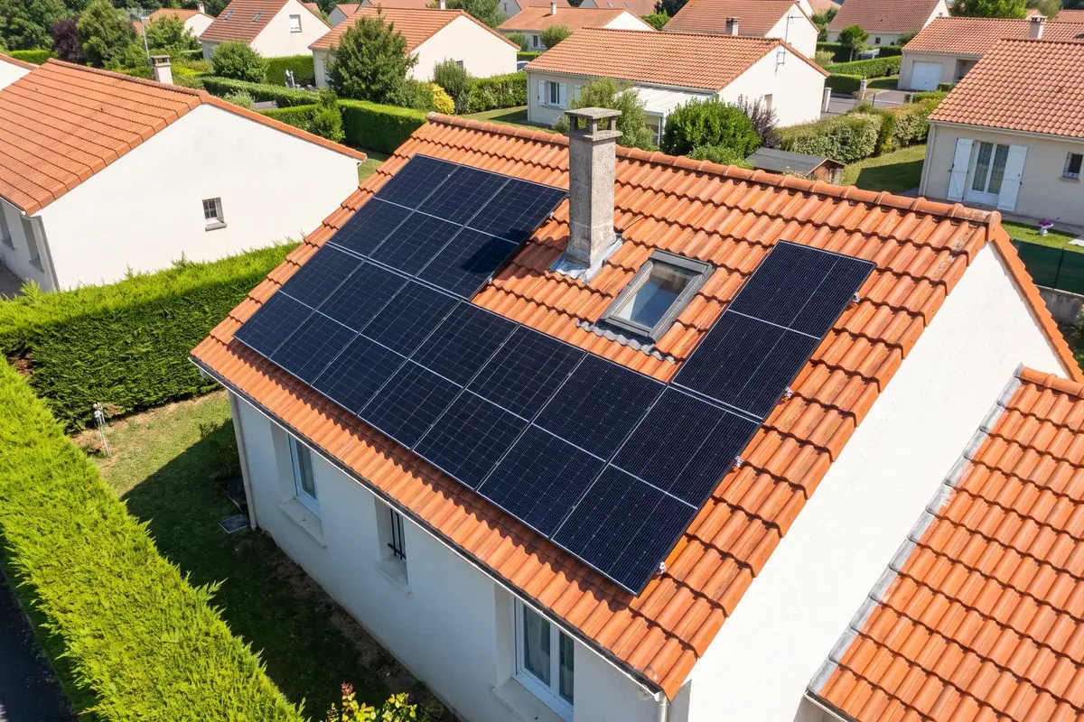 Vue de drone d’un toit de tuiles avec cheminée et fenêtre de toit, couvert de modules Trina Solar Vertex S+ disposés autour des obstacles.