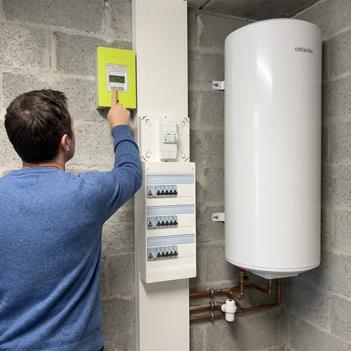 Un propriétaire relève son compteur Linky, à côté du tableau électrique Legrand et d’un chauffe-eau électrique Atlantic Chaufféo Plus, dans le garage d’un pavillon tout électrique.