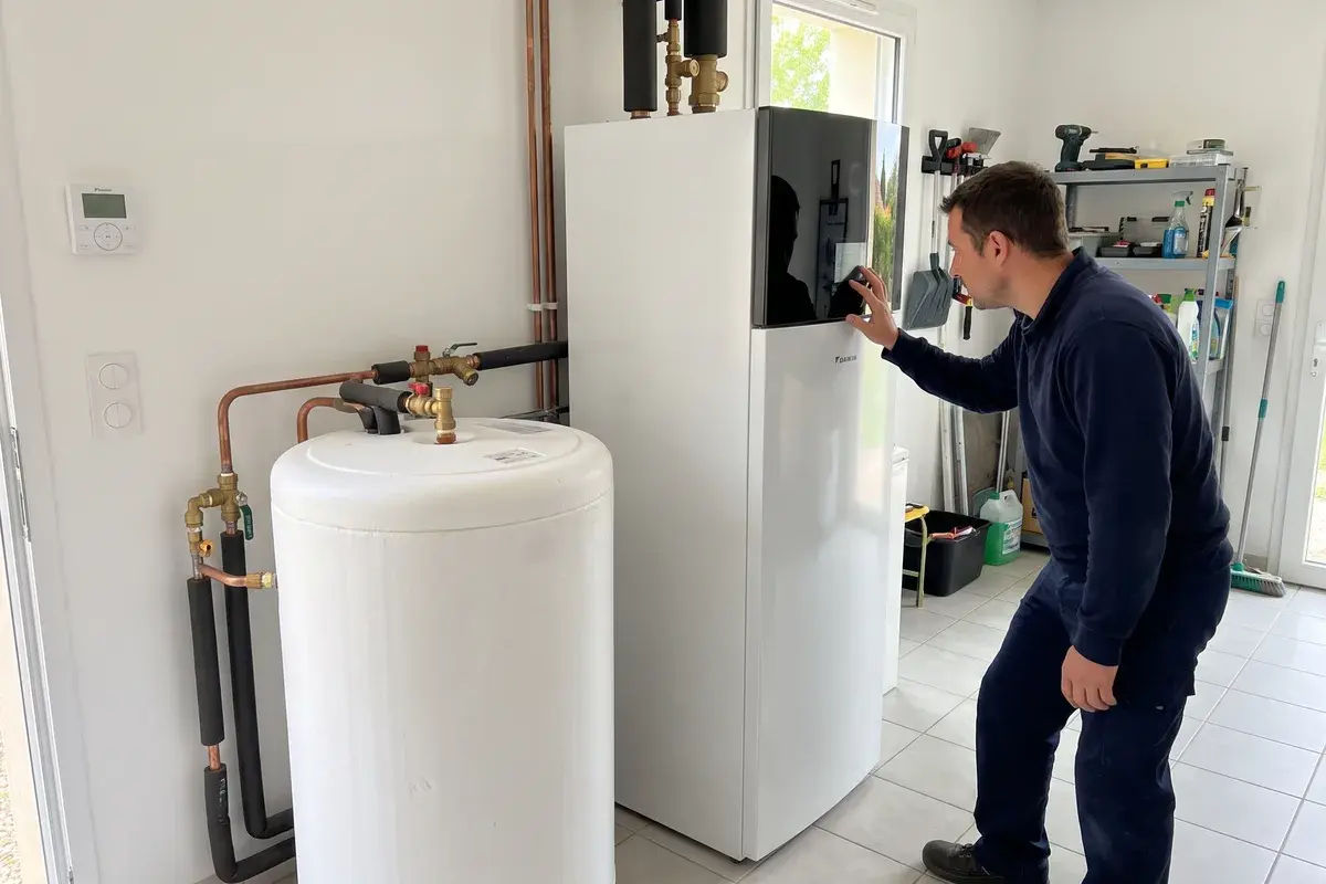 Un technicien règle la loi d’eau d’un module intérieur Daikin Altherma relié à un ballon tampon dans une buanderie.