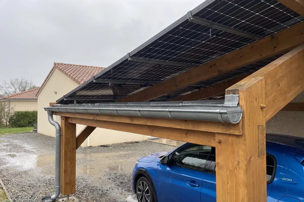 Dessous d’un carport en lamellé-collé couvert de modules DualSun FLASH, avec chéneau en zinc et descente d’eau le long d’un poteau, une Peugeot e-208 abritée.