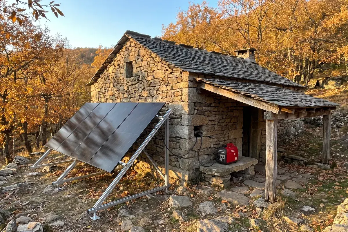 Refuge en pierre sèche des Cévennes alimenté par quatre modules AIKO NEOSTAR sur châssis au sol, avec un petit groupe électrogène sous l’appentis.
