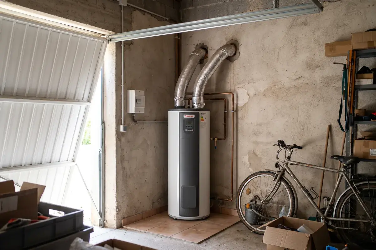 Chauffe-eau thermodynamique Thermor Aéromax 6 installé dans un garage, avec ses deux gaines d’air traversant le mur.