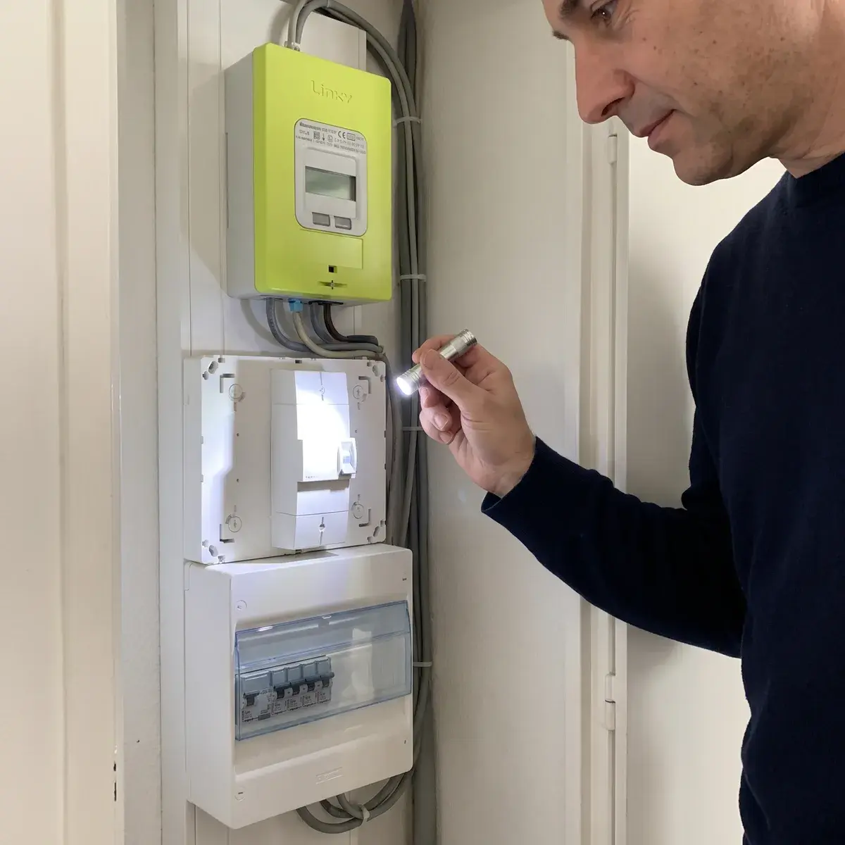 Un particulier éclaire à la lampe de poche le disjoncteur de branchement placé sous son compteur Linky, au-dessus du tableau Legrand de la gaine technique.