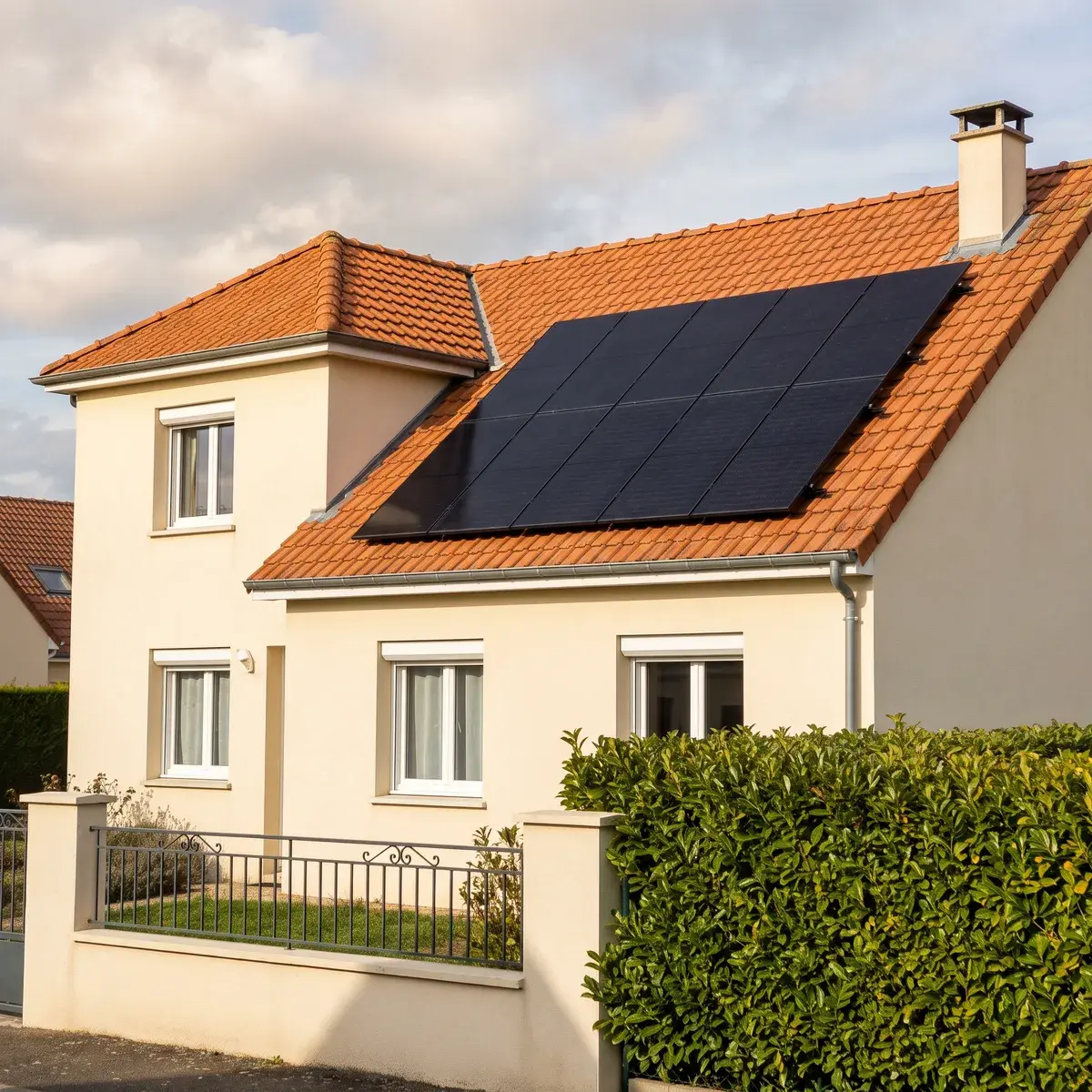 Pavillon en crépi couvert de tuiles, équipé de modules Voltec Solar TARKA noirs fabriqués en Alsace.