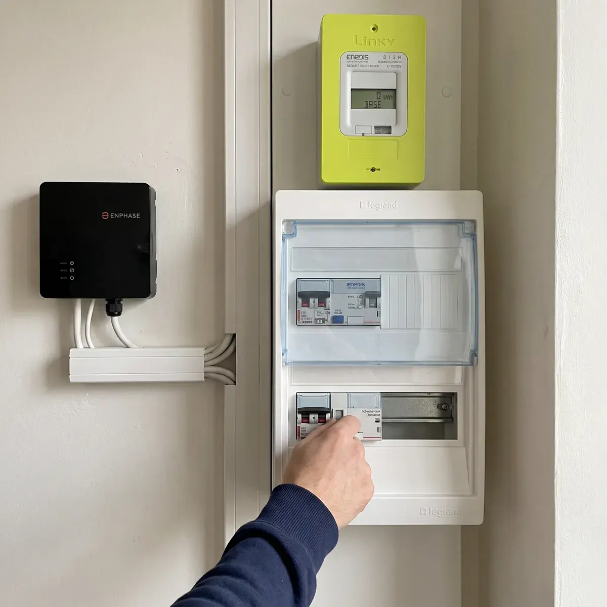 Passerelle Enphase IQ Gateway installée à côté du compteur Linky et du tableau Legrand d'une gaine technique.