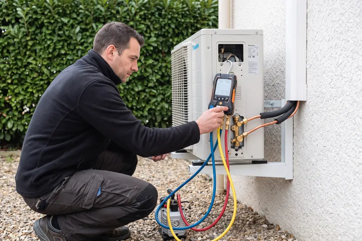 Un frigoriste raccorde un manifold numérique testo 550s et une pompe à vide aux vannes de service d’une unité extérieure Daikin RXM-A fixée sur console.