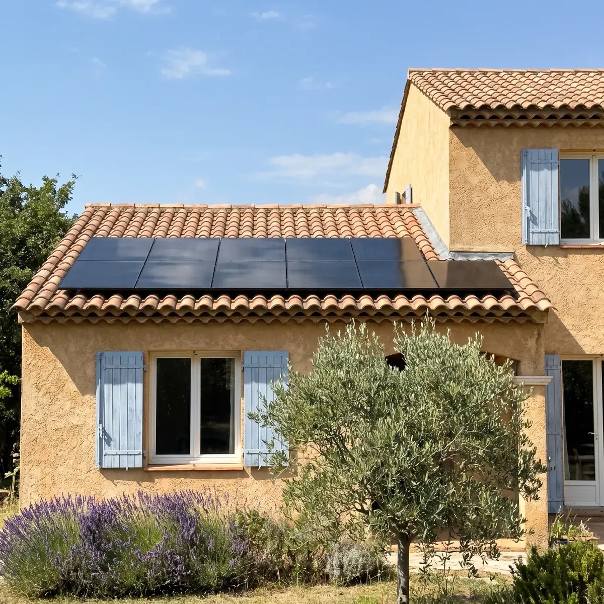 Mas provençal en tuiles canal avec une petite installation de modules DualSun FLASH.