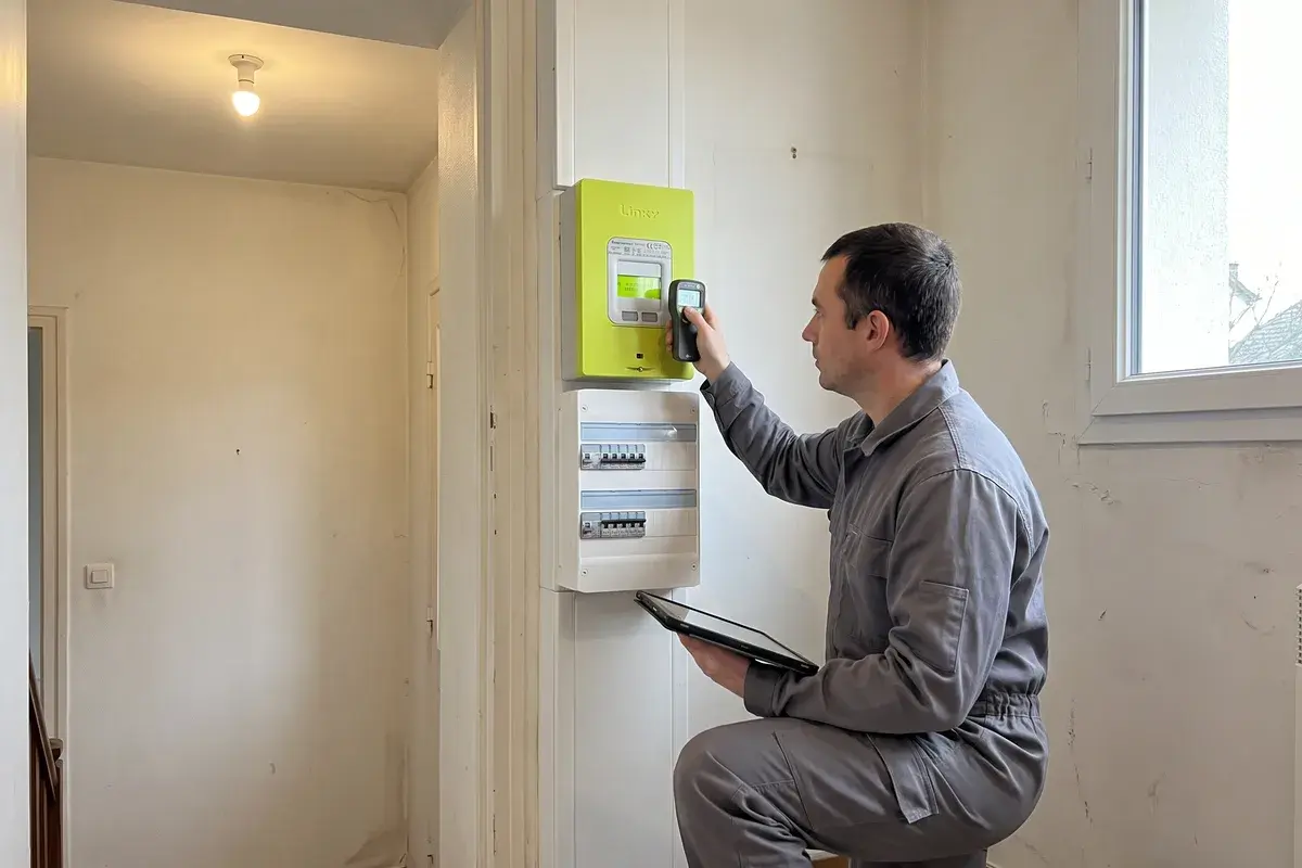 Un technicien relève un compteur Linky à l’aide d’un lecteur optique et d’une tablette, dans la gaine technique d’un pavillon.