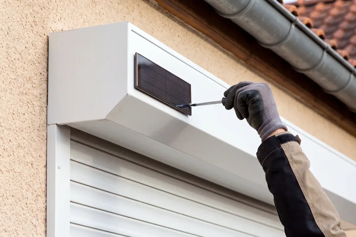 Une main gantée visse le panneau solaire d'un moteur Somfy RS100 Solar io sur la face d'un coffre de volet roulant blanc.