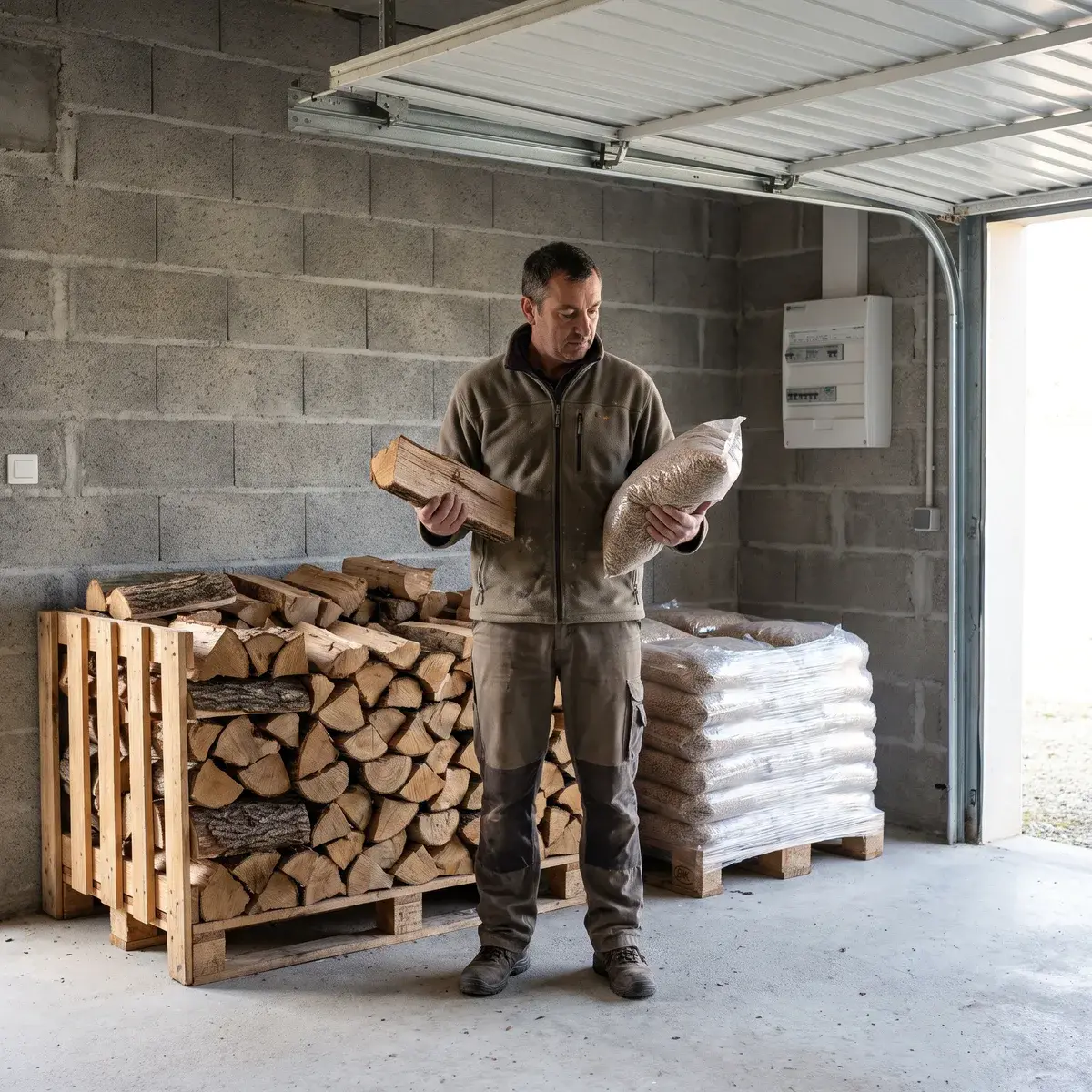 Dans un garage aux murs de parpaings, un homme tient une bûche de chêne d'une main et un sac de granulés de l'autre, entre une pile de bûches sur palette et une palette de sacs de granulés filmée.