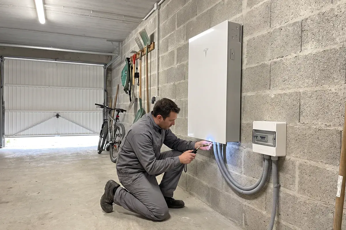 Un électricien contrôle le presse-étoupe d’une batterie Tesla Powerwall 3 fixée au mur en parpaing d’un garage.