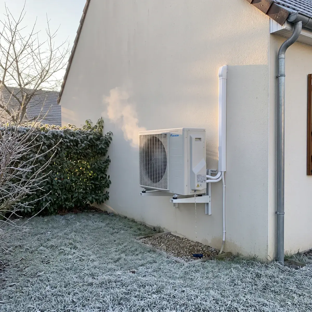 Unité extérieure Daikin RXM-A sur console murale, en dégivrage un matin de gelée, contre le pignon crépi d’un pavillon.