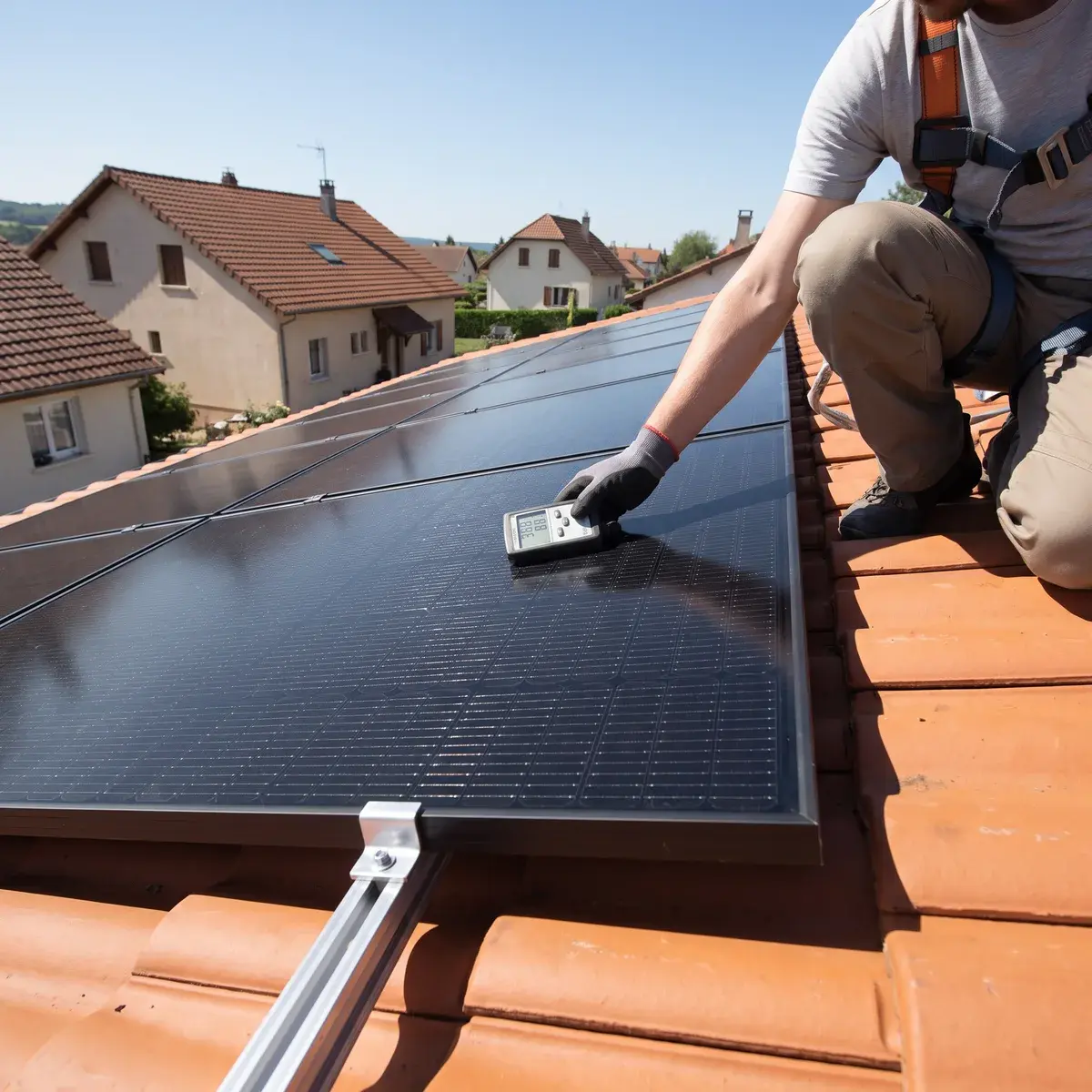 Un technicien mesure l'ensoleillement au pyranomètre sur un module Trina Solar Vertex S+.