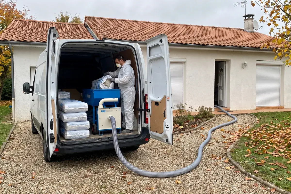 Devant un pavillon en crépi, un poseur verse un sac de Knauf Supafil Loft 045 dans une souffleuse Knauf Insulation KI Souffle 2+ installée dans une camionnette.