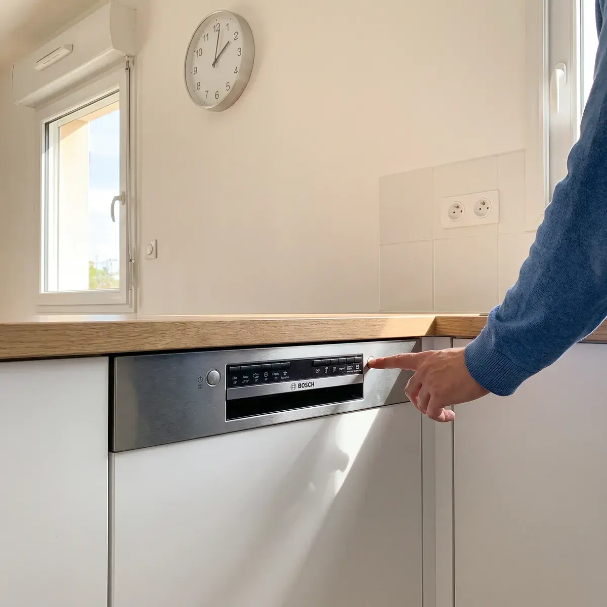 Un particulier lance son lave-vaisselle encastrable Bosch Serie 4 en début d’après-midi, sous l’horloge de la cuisine de son pavillon.