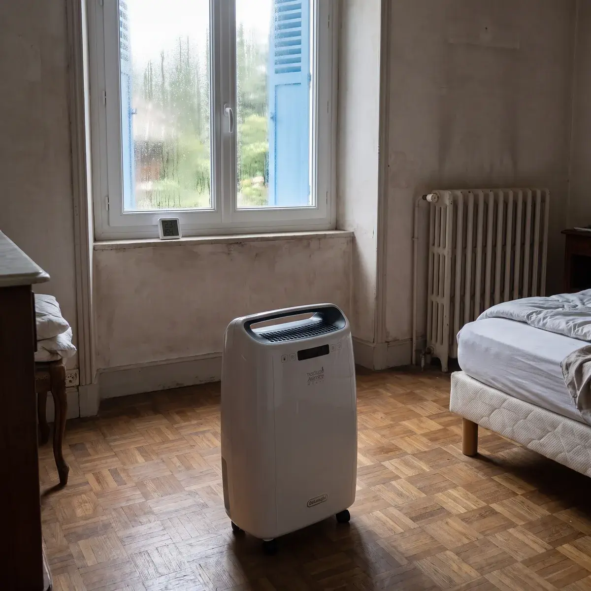 Un déshumidificateur De'Longhi Tasciugo AriaDry Multi posé au milieu d'une chambre ancienne, devant une fenêtre embuée où un thermo-hygromètre est posé sur l'appui.