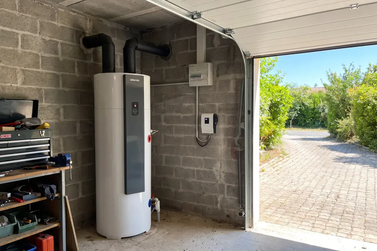 Chauffe-eau thermodynamique Atlantic Calypso connecté installé dans un garage en parpaing, piloté par un relais dans un coffret électrique.