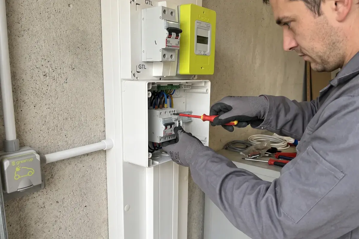 Un électricien ajoute un disjoncteur et un interrupteur différentiel dédiés dans un tableau Legrand, la goulotte filant vers un boîtier Legrand Green’up.
