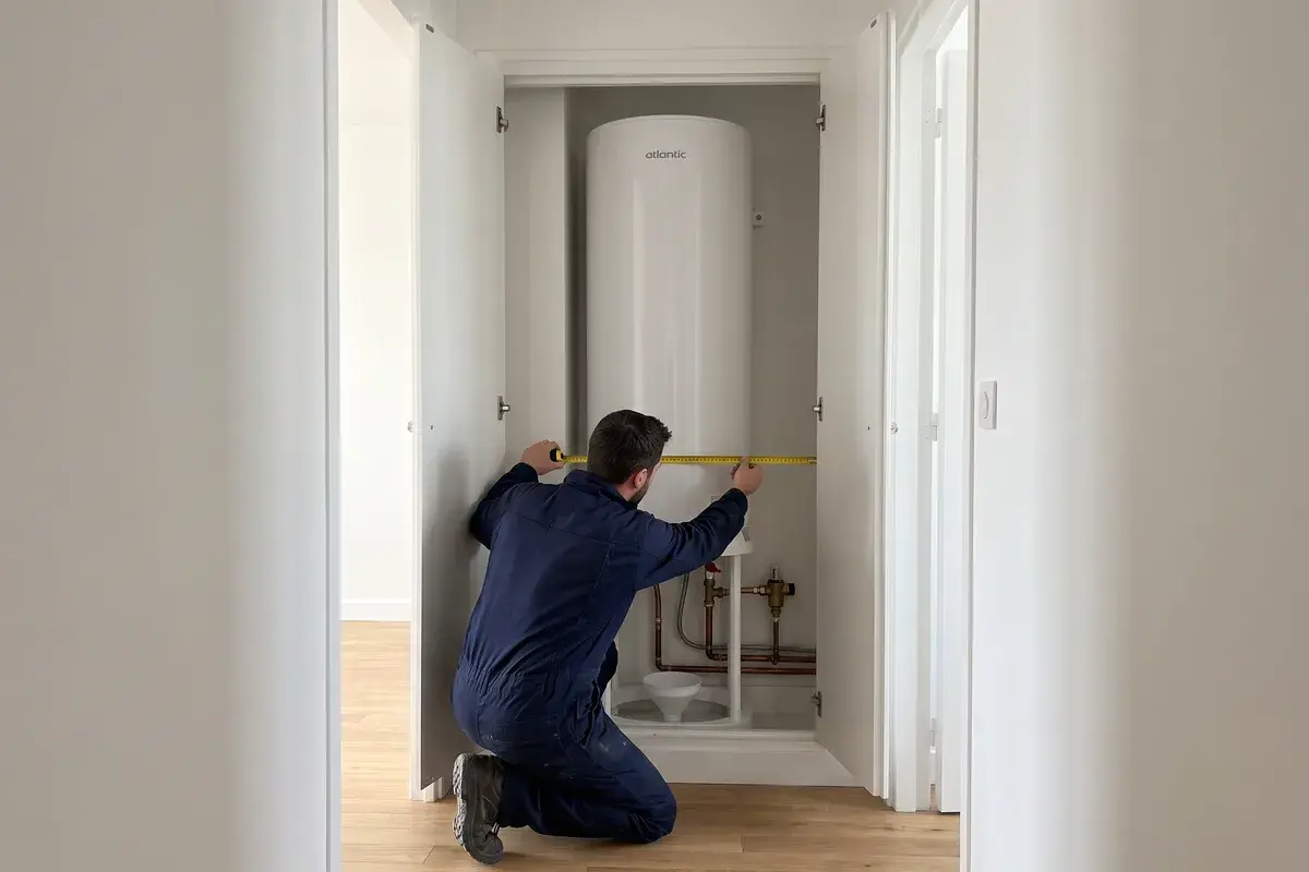 Un plombier mesure la largeur d’un placard de couloir occupé par un chauffe-eau électrique Atlantic Chauffeo Plus, au-dessus de son groupe de sécurité.