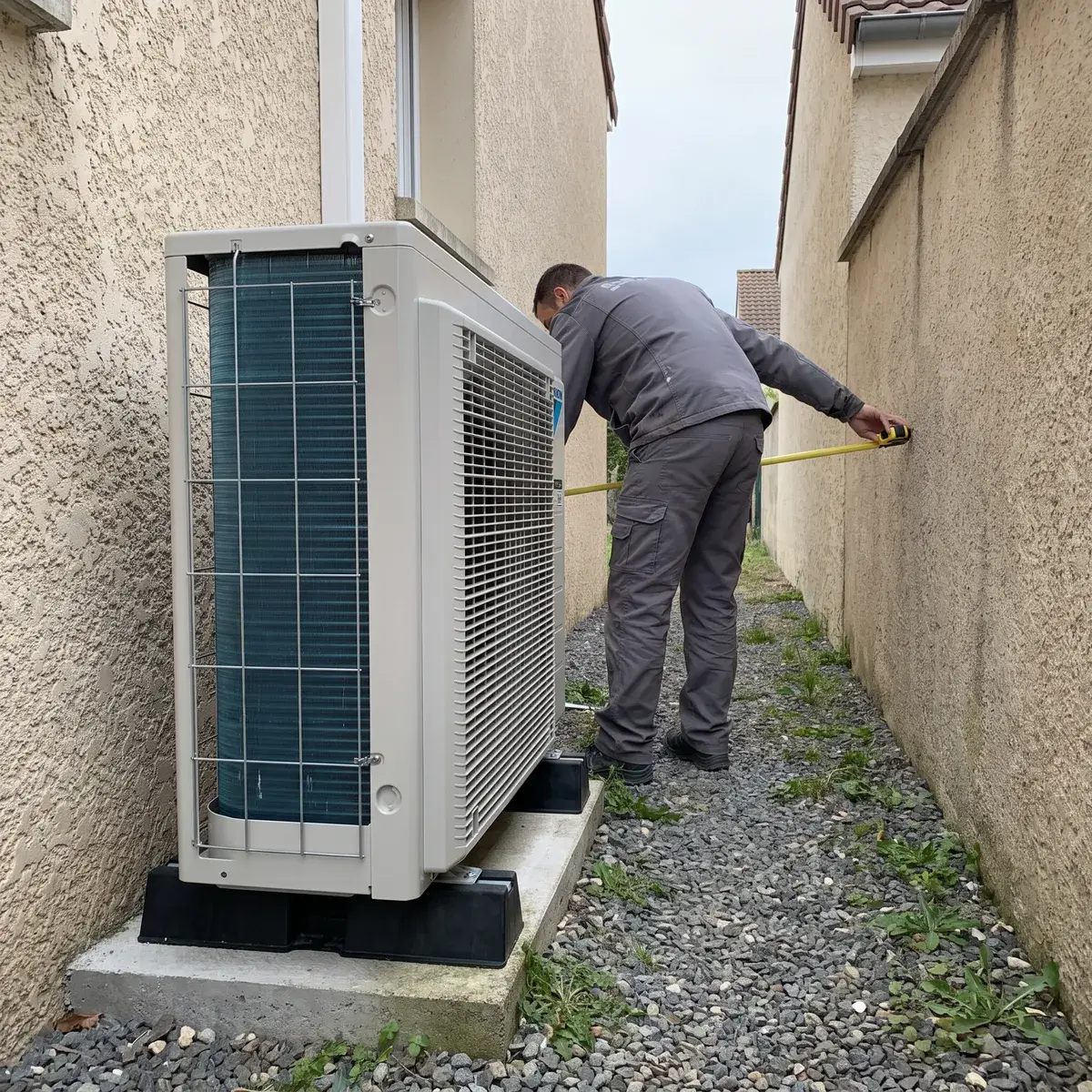 Un technicien mesure l'écart entre une pompe à chaleur Daikin Altherma 3 R et le mur du voisin.
