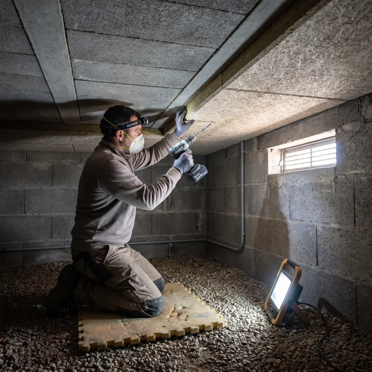 Dans le vide sanitaire d’un pavillon, un poseur agenouillé visse des panneaux Knauf Fibraroc 35 sous le plancher en poutrelles et hourdis ; la grille d’aération du mur reste dégagée.
