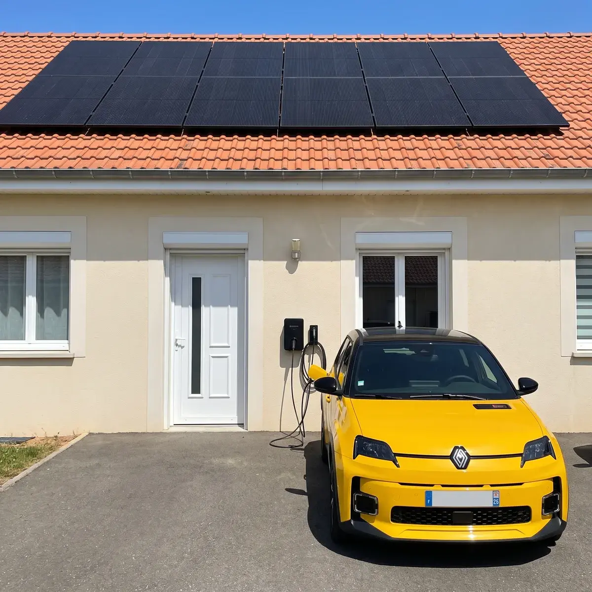 Renault 5 E-Tech branchée en plein midi sur une borne Enphase IQ EV Charger 2, sous la toiture solaire du pavillon.