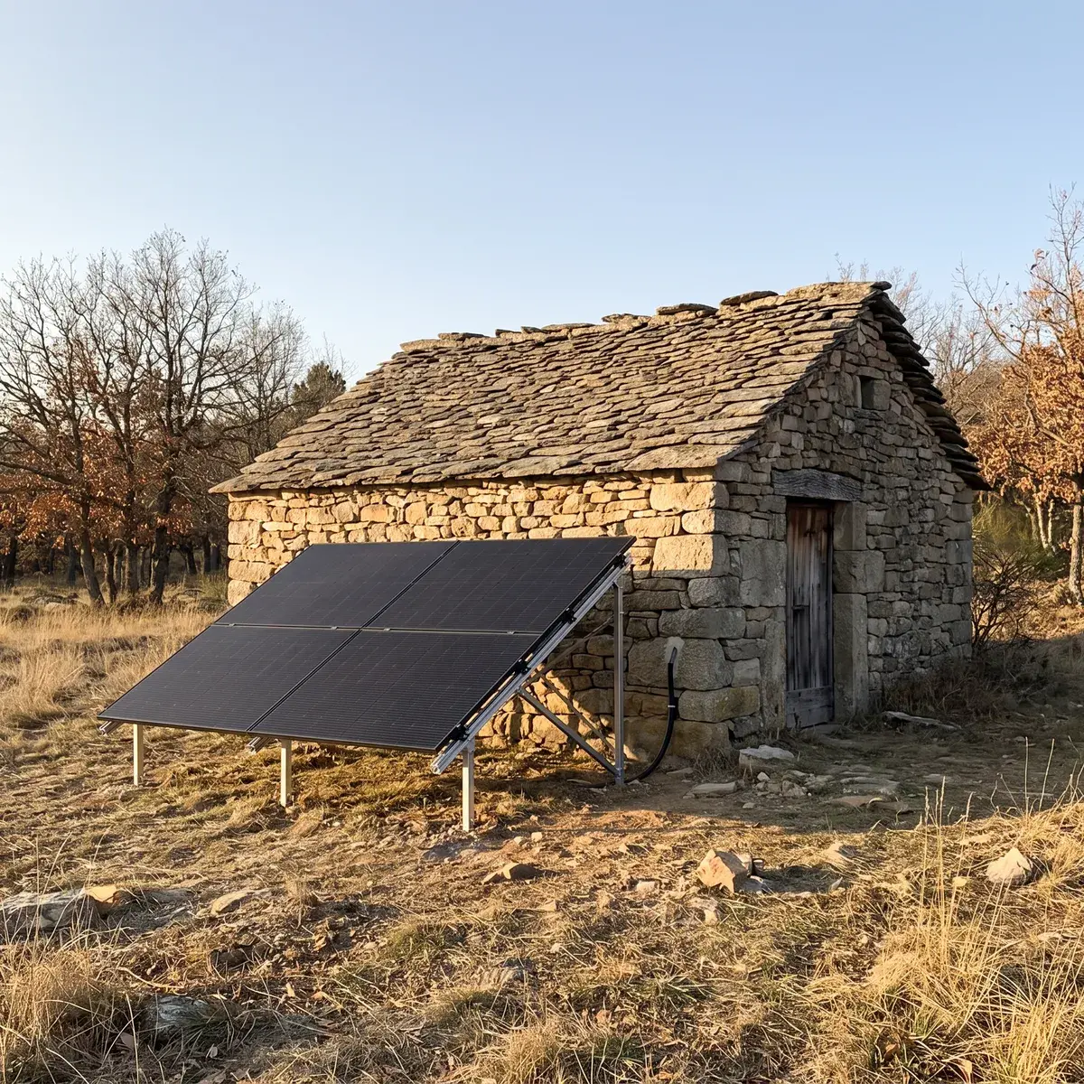 Cabane en pierre isolée dans les Cévennes, alimentée par quatre modules solaires sur un châssis au sol.