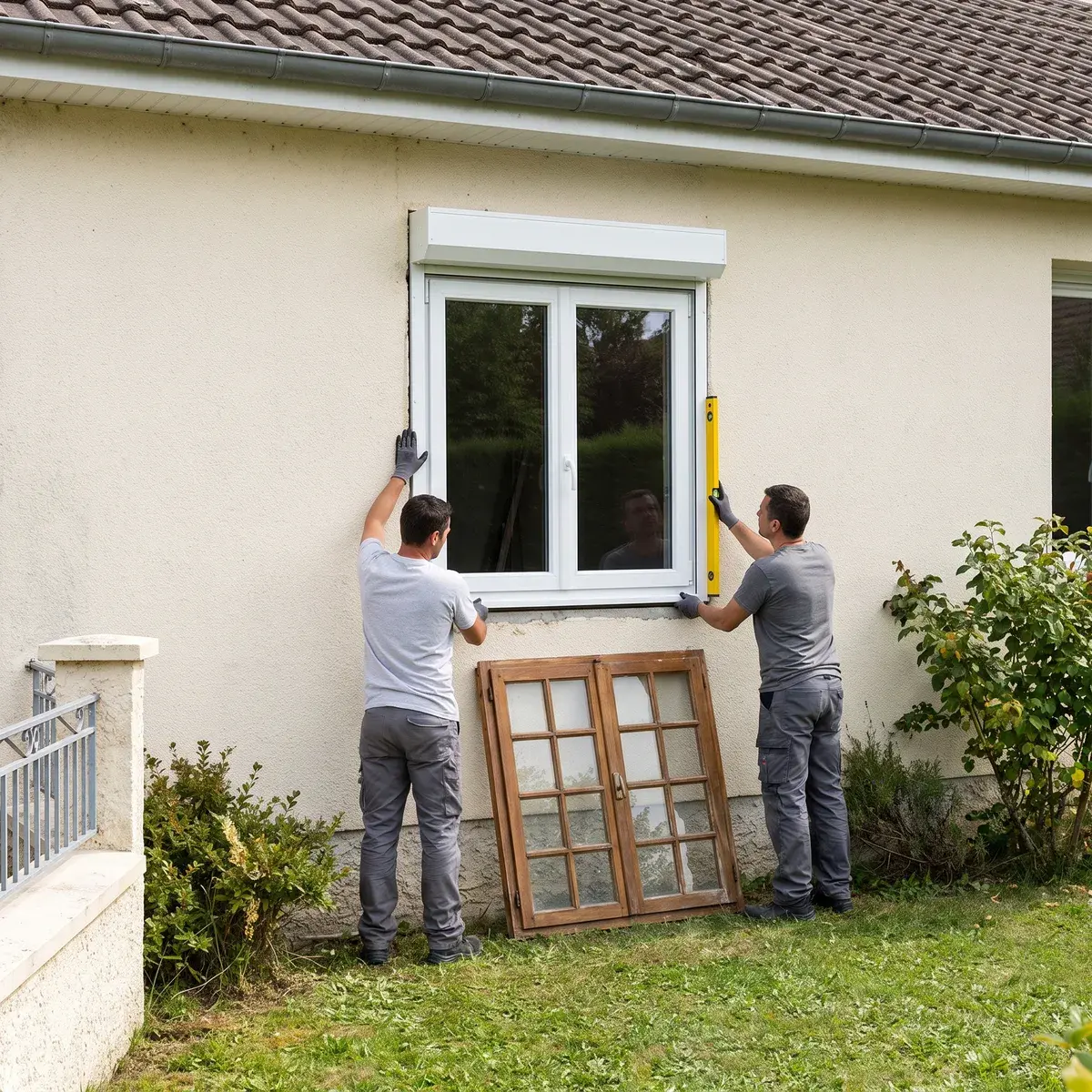 Deux poseurs installent une fenêtre PVC blanche à deux vantaux dans l'ouverture d'un pavillon crépi, côté jardin, et contrôlent son niveau ; l'ancienne fenêtre en bois à petits carreaux est posée contre la façade.