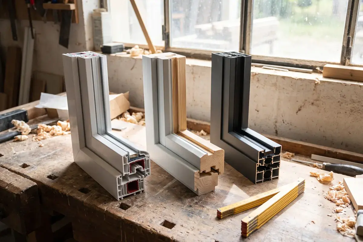 Trois coupes d'angle de dormant posées sur un établi à côté d'un mètre pliant : PVC blanc à chambres, bois habillé d'aluminium et aluminium anthracite à rupture de pont thermique.