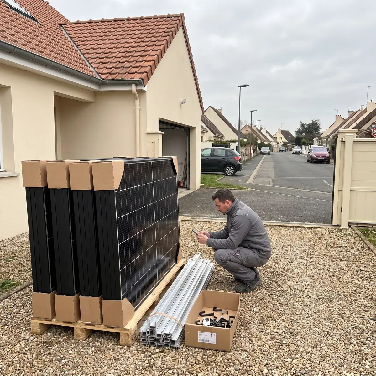 Palette de modules Trina Solar Vertex S+ livrée dans l'allée d'un pavillon, avec les rails de fixation.