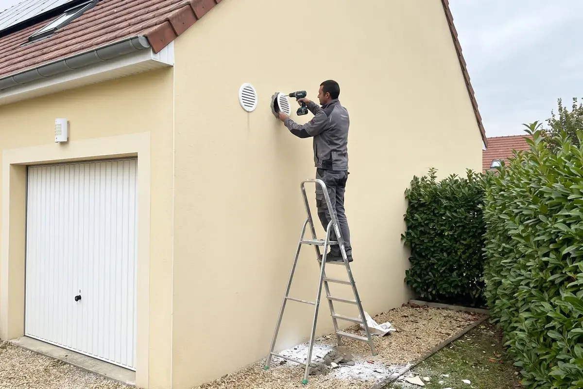 Un installateur, sur un escabeau, fixe la grille de la seconde traversée de mur d’un chauffe-eau thermodynamique gainé, sur le mur crépi du garage d’un pavillon.