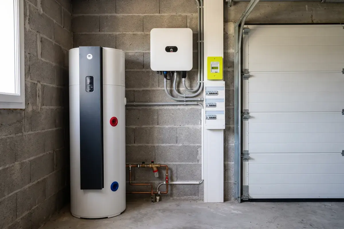 Chauffe-eau thermodynamique Thermor Aéromax 6 dans le garage d’un pavillon, à côté d’un onduleur solaire Huawei SUN2000 et de la gaine technique avec compteur Linky.