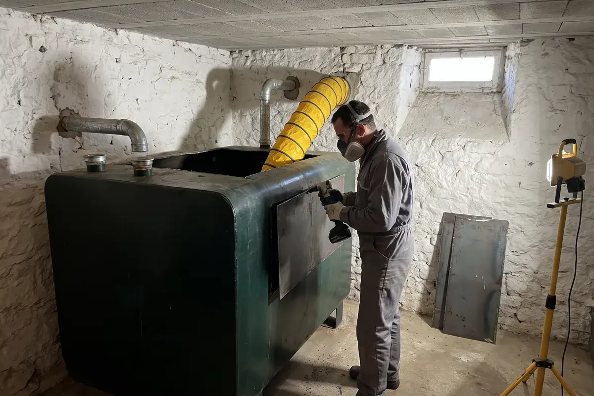 Un technicien découpe une ancienne cuve à fioul en acier, vidée et ventilée, dans la cave d’une maison ancienne.