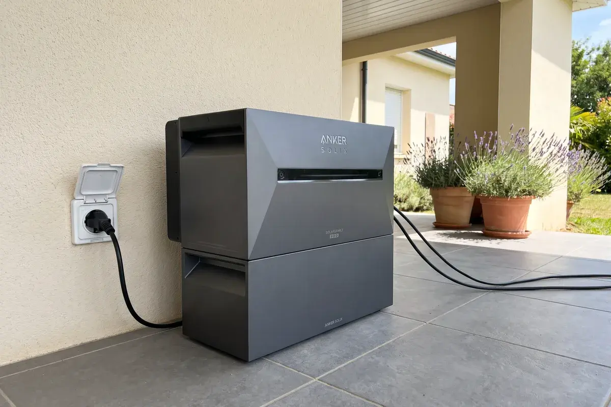 Batterie Anker SOLIX Solarbank 3 Pro et son extension BP2700 posées sous l’avancée de toit d’une terrasse, branchées sur une prise extérieure.