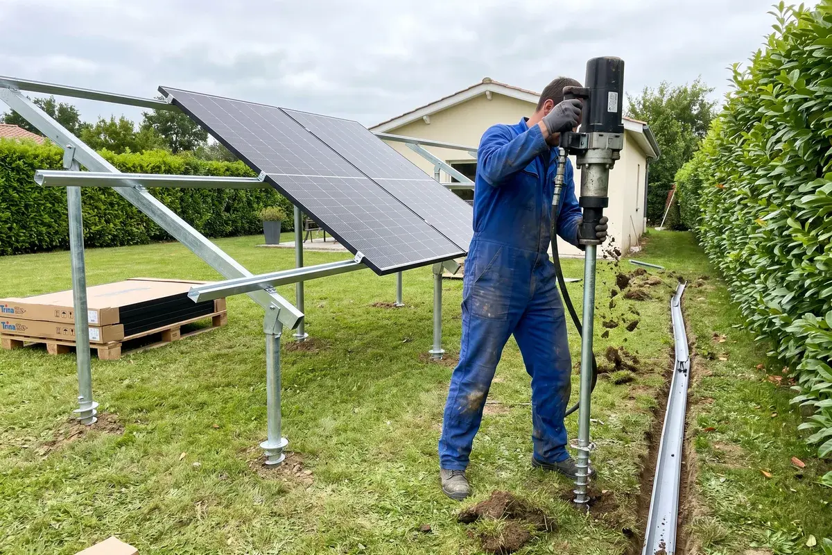 Un installateur visse un pieu d’ancrage pour une structure au sol portant des modules Trina Solar Vertex S+, au fond d’un jardin, avec une tranchée vers la maison.