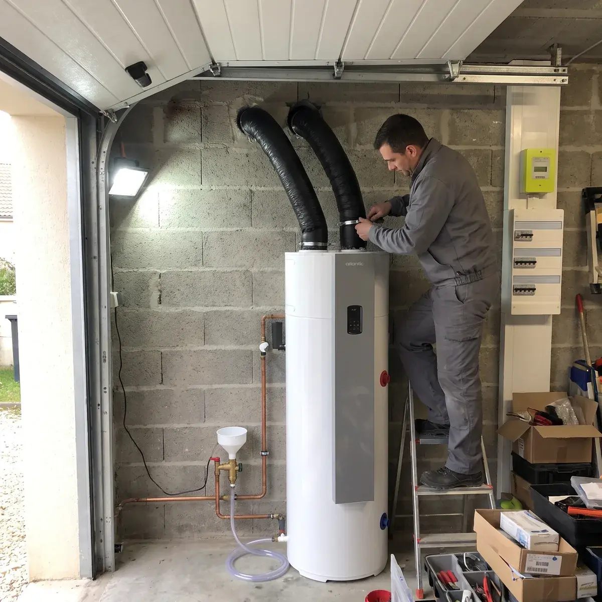 Un technicien serre le collier d’une des deux gaines d’air d’un chauffe-eau thermodynamique Atlantic Calypso Connecté, dans le garage d’un pavillon.