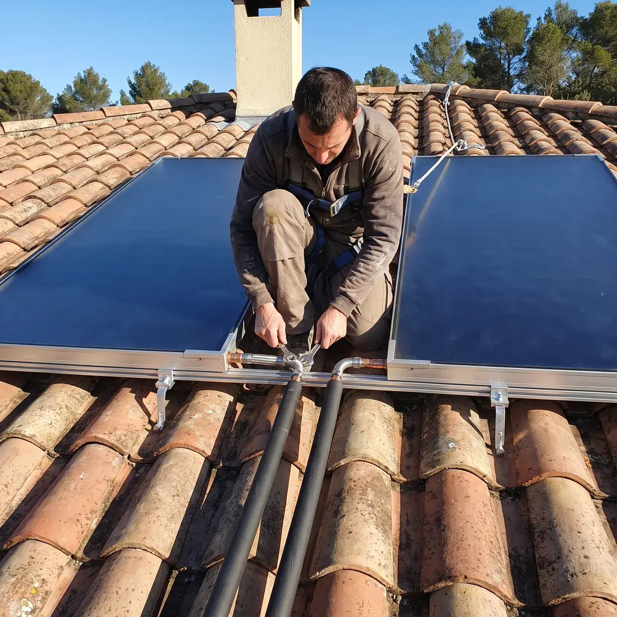 Un couvreur harnaché raccorde deux capteurs solaires thermiques plans Viessmann Vitosol 100-FM posés sur un toit en tuiles canal du sud de la France.
