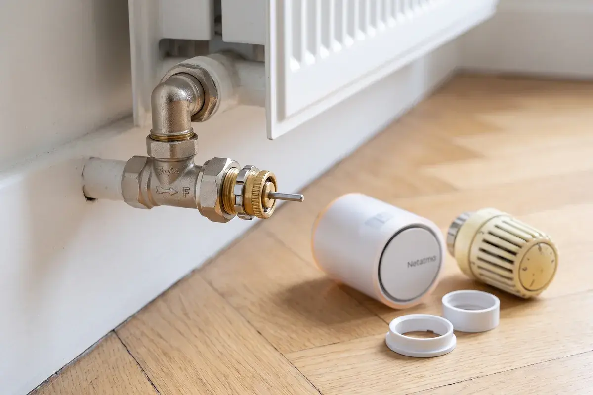 Corps de vanne thermostatique Danfoss RA-N nu au pied d'un radiateur en acier ; sur le parquet, une tête connectée Netatmo, ses bagues d'adaptation et l'ancienne tête manuelle.