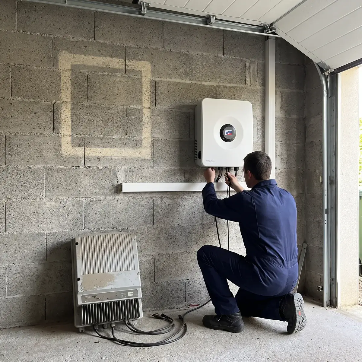 Un électricien remplace un ancien onduleur par un SMA Sunny Boy Smart Energy dans un garage.