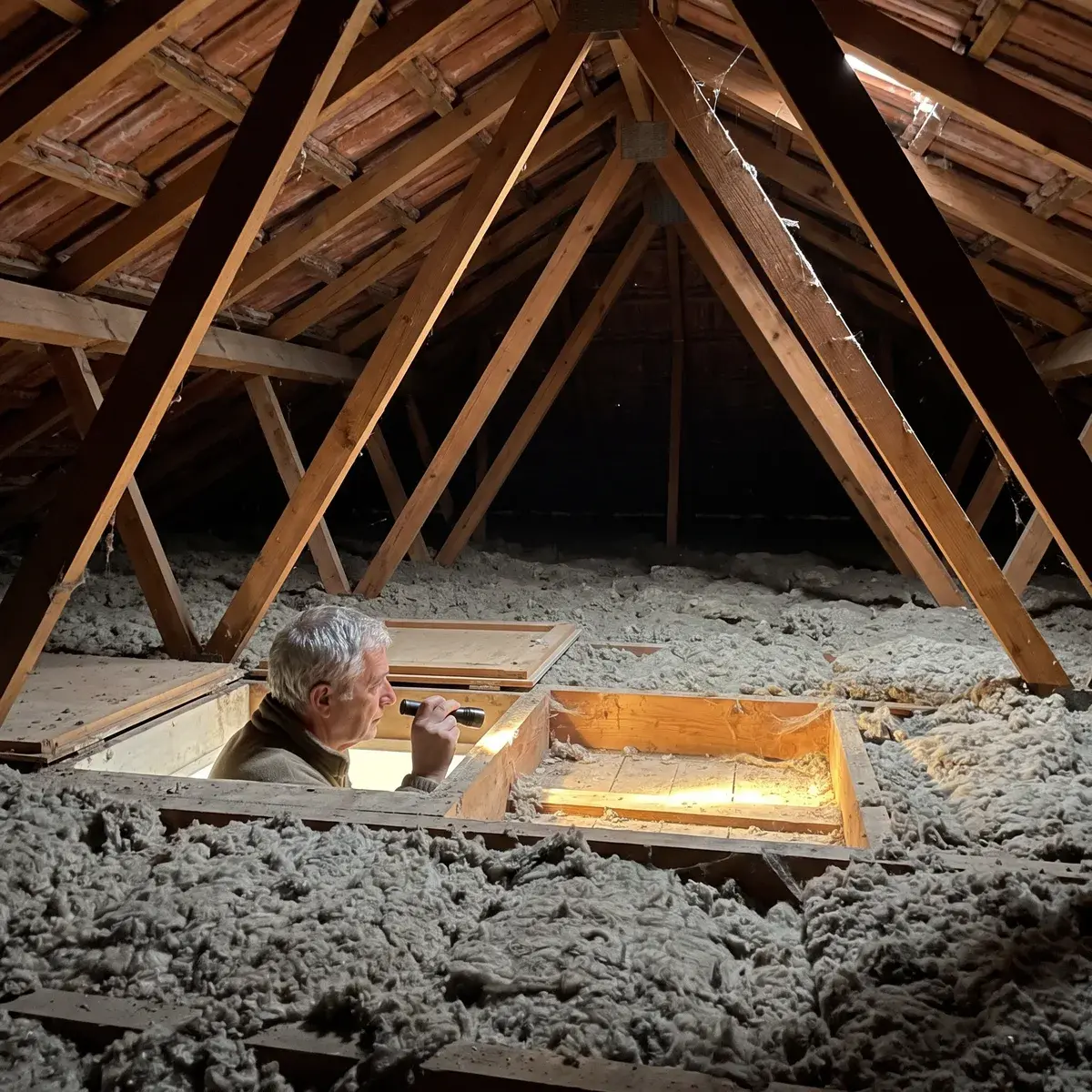 Un retraité, la tête passée par la trappe, inspecte à la lampe une vieille laine soufflée tassée et un plancher dégarni dans ses combles.