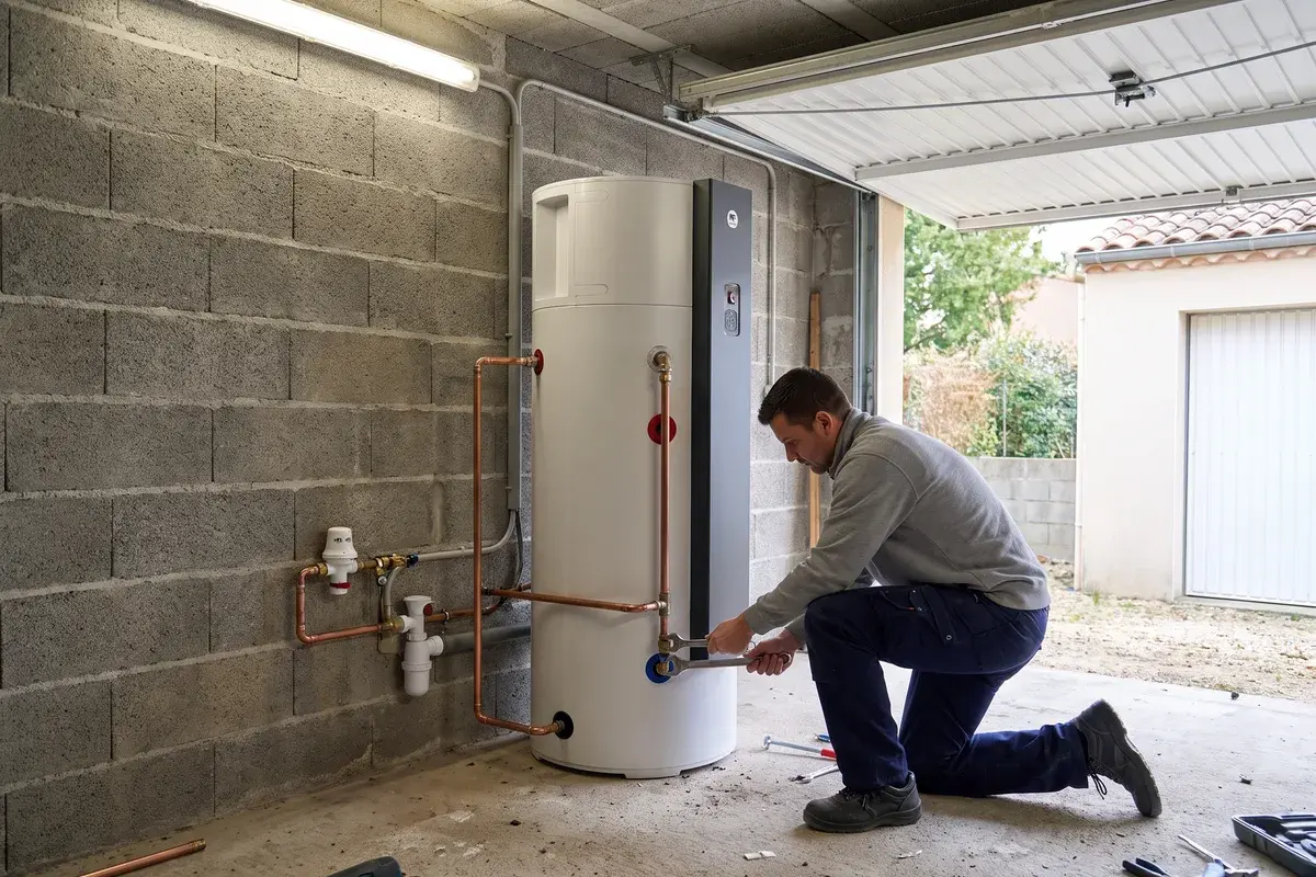 Un plombier raccorde un chauffe-eau thermodynamique Thermor Aéromax 6 dans le garage d’un pavillon.